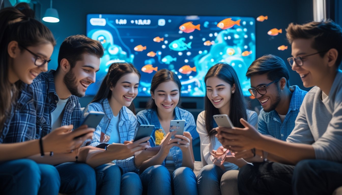 Sekelompok orang muda sedang bermain game tembak ikan multiplayer di smartphone dengan latar belakang tema bawah laut yang berwarna-warni.