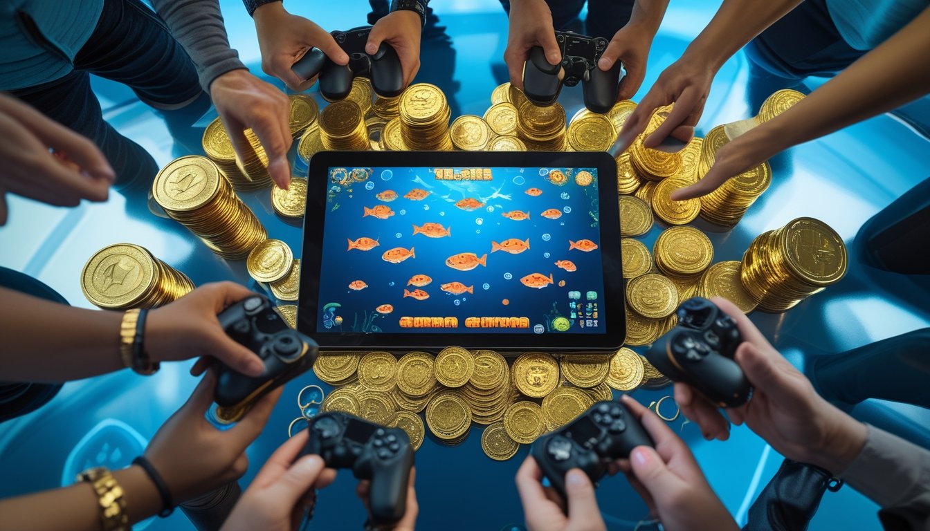 Beberapa orang bermain game tembak ikan multiplayer dengan layar berwarna-warni dan tumpukan koin di sekitar perangkat mereka.