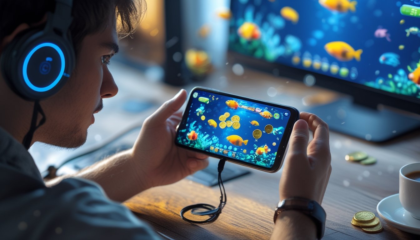 Seorang dewasa muda sedang fokus bermain permainan tembak ikan multiplayer di ponsel dengan latar belakang yang samar.