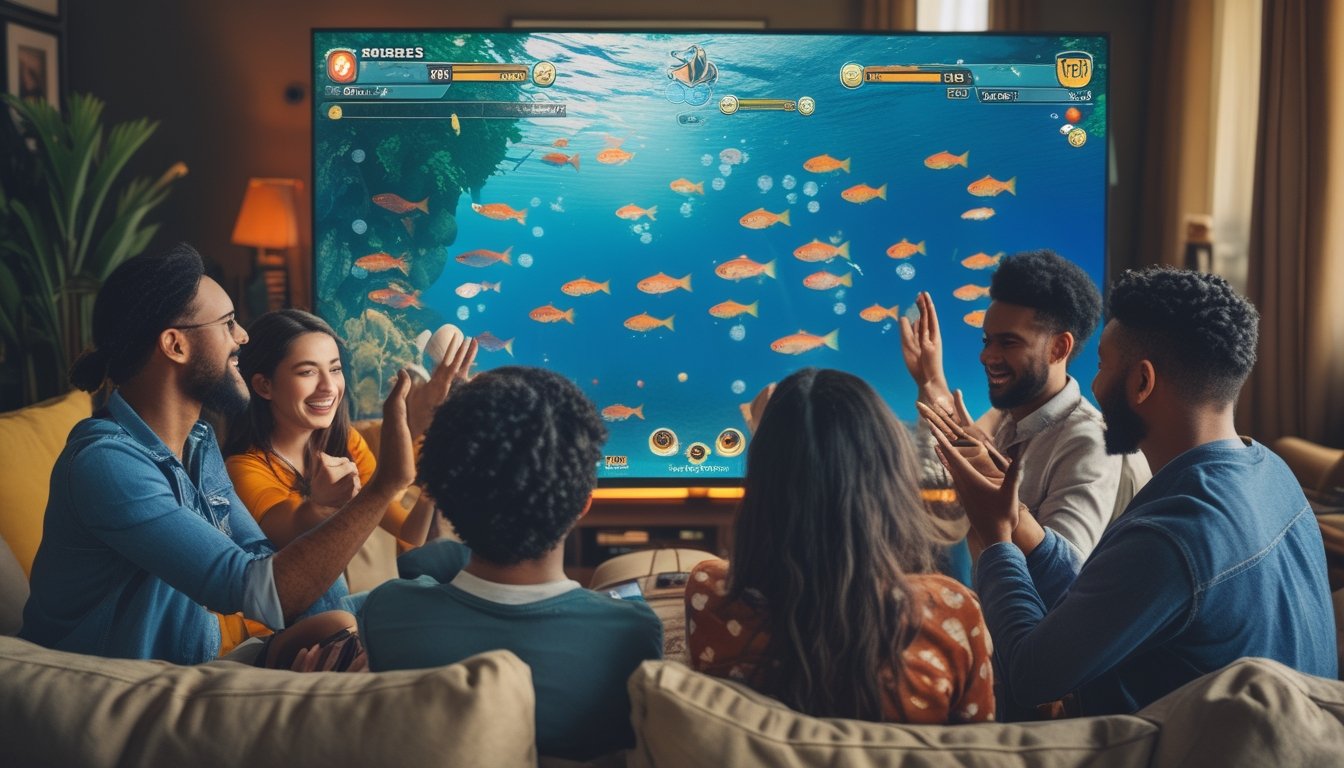 Sekelompok teman bermain game tembak ikan multiplayer bersama di ruang tamu, terlihat antusias dan bersenang-senang.
