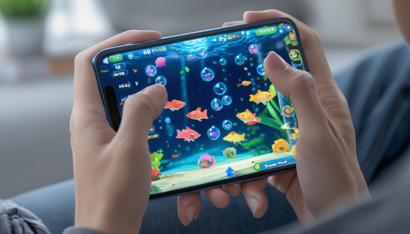 Tangan seseorang memegang ponsel yang menampilkan permainan menembak ikan dengan latar bawah laut berwarna-warni.
