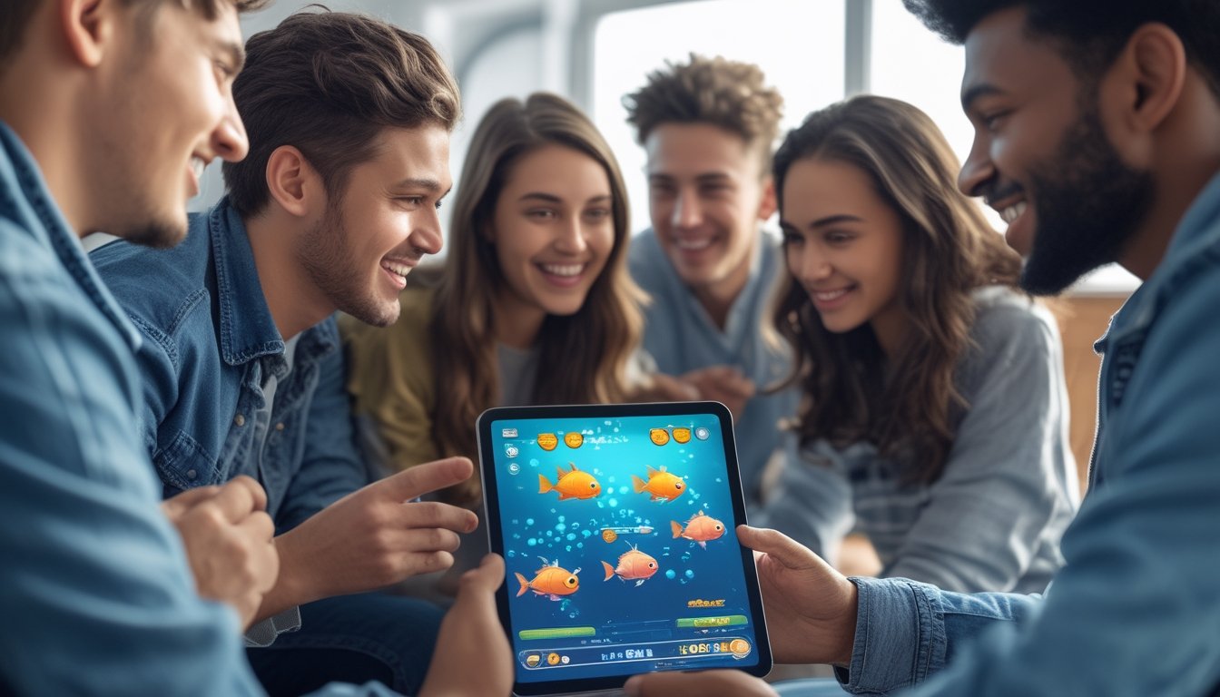 Sekelompok orang muda sedang bermain permainan tembak ikan multiplayer di perangkat digital dalam suasana santai.