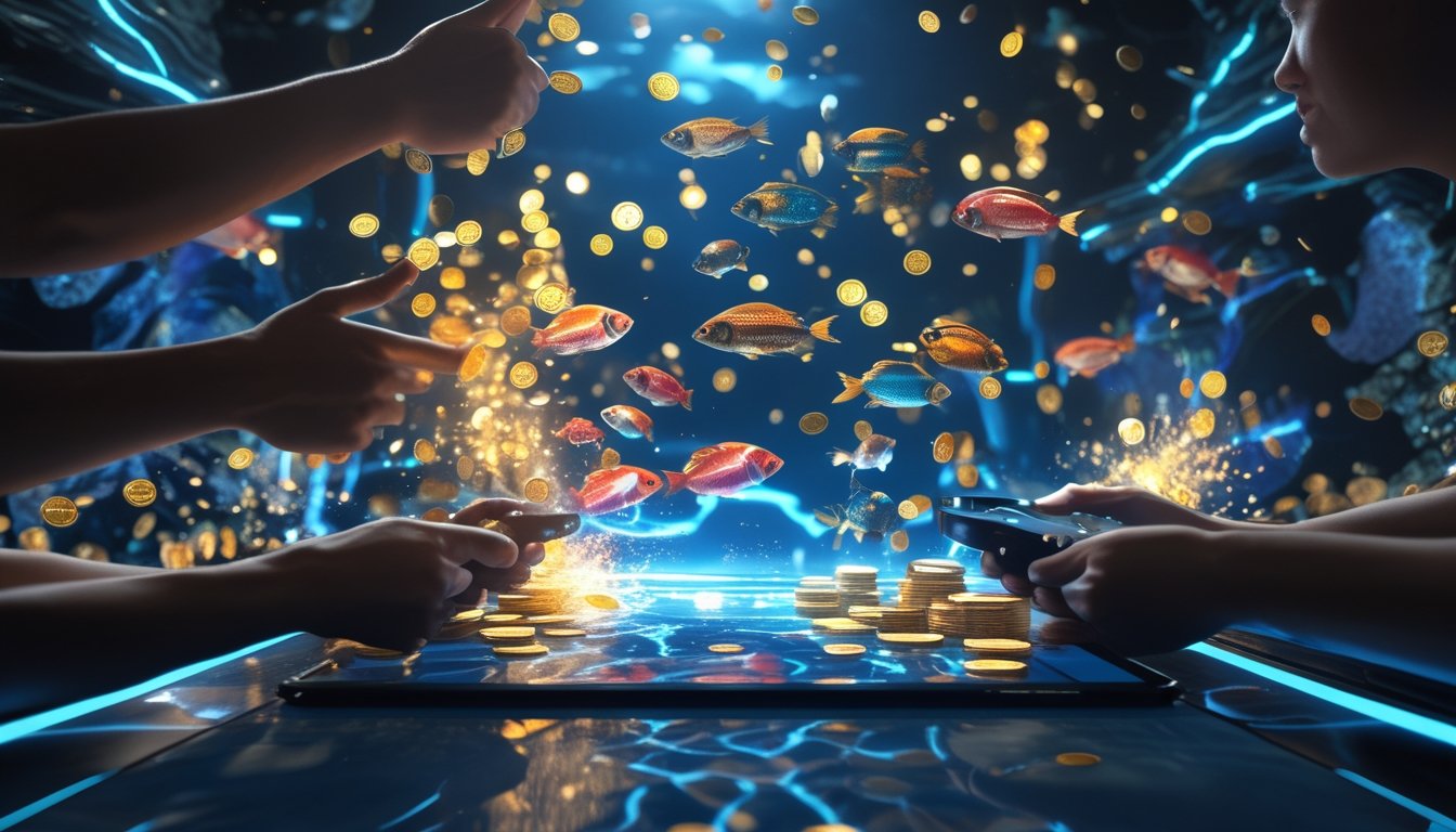 Beberapa pemain sedang bermain game tembak ikan multiplayer dengan layar penuh ikan berwarna-warni dan efek kemenangan jackpot.