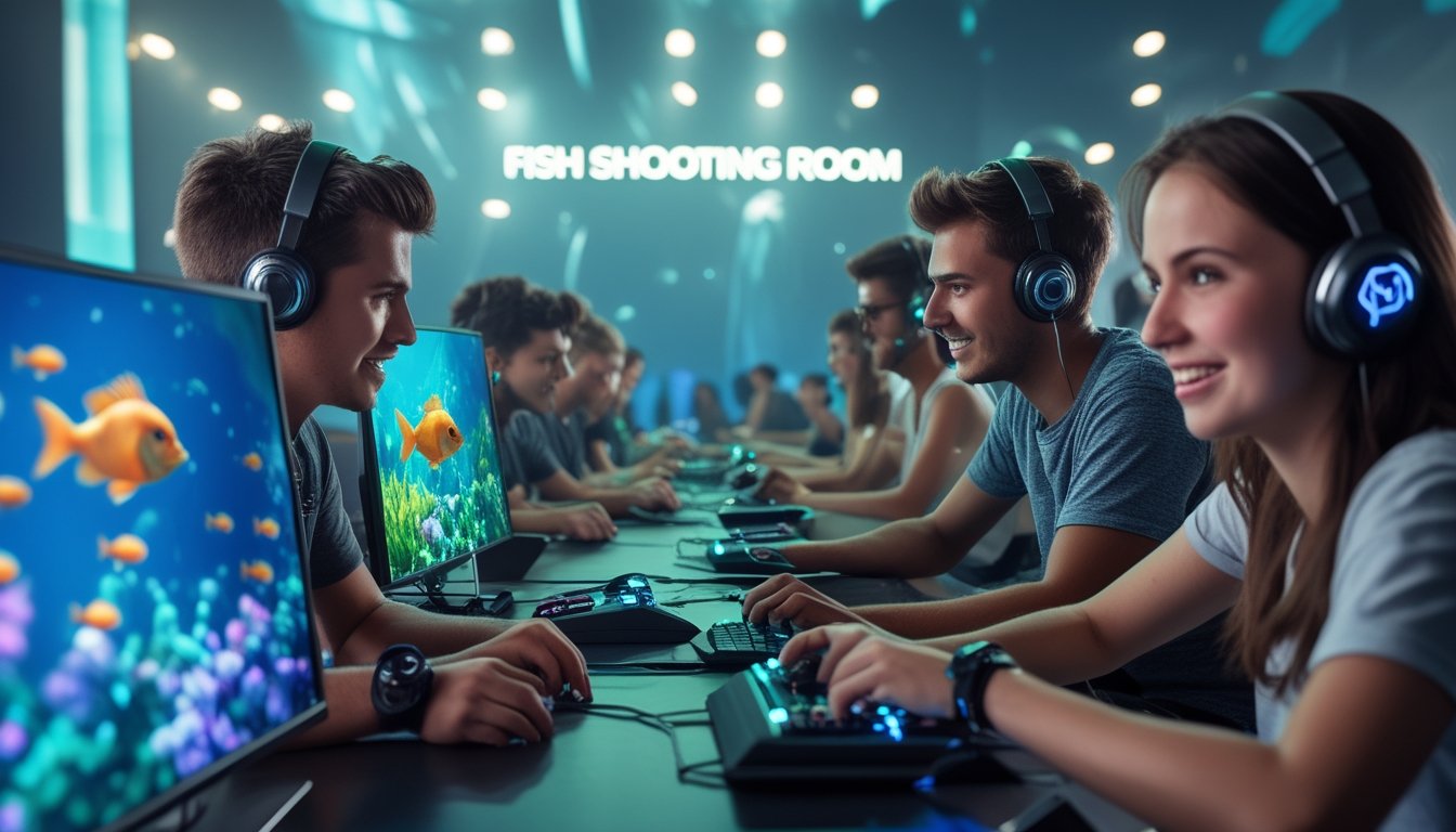 Sekelompok orang sedang bermain game multipemain menembak ikan dengan layar komputer yang menampilkan ikan berwarna-warni di suasana ruangan yang modern.