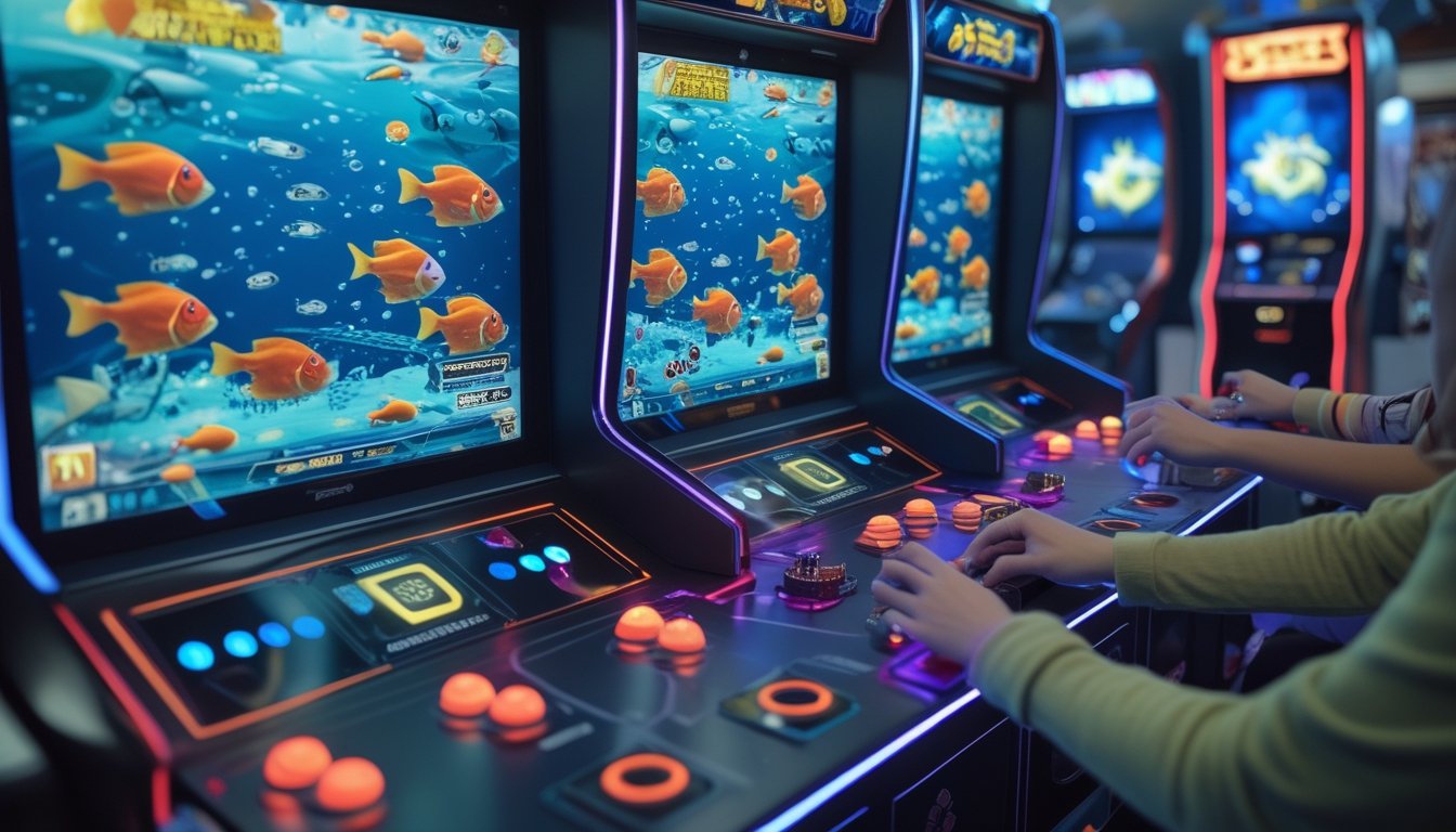 Sebuah setup permainan arkade multiplayer dengan kontroler dan layar yang menampilkan permainan menembak ikan di bawah laut.