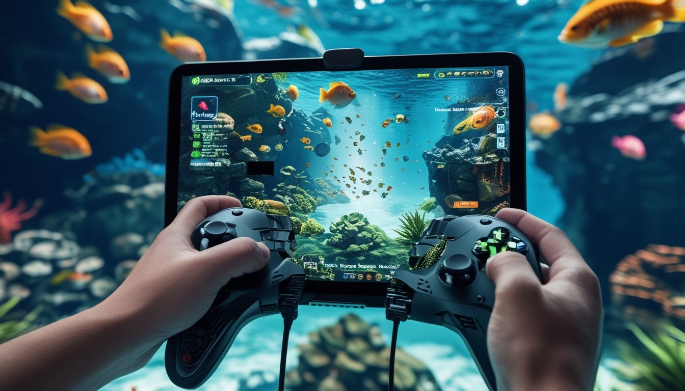 Tangan pemain memegang pengendali game dengan latar belakang ikan berwarna-warni di bawah laut dalam permainan tembak ikan.