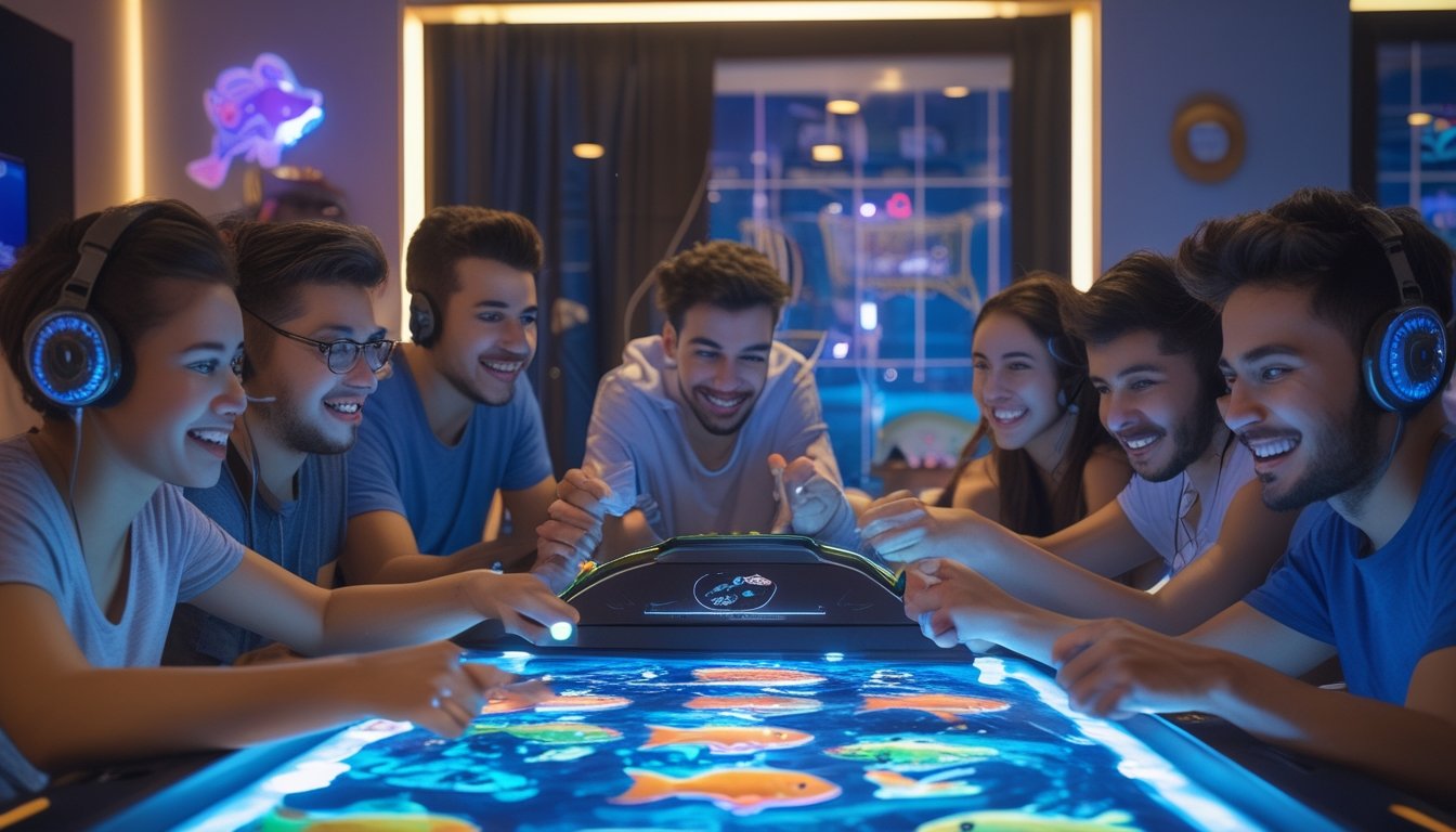 Sekelompok orang muda bermain game tembak ikan multiplayer di ruangan privat yang nyaman dengan suasana yang ceria dan fokus.