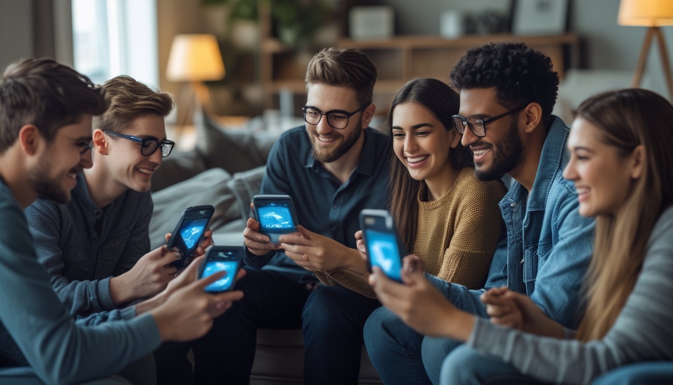 Sekelompok orang muda bermain game tembak ikan multiplayer bersama di ruang tamu yang nyaman.