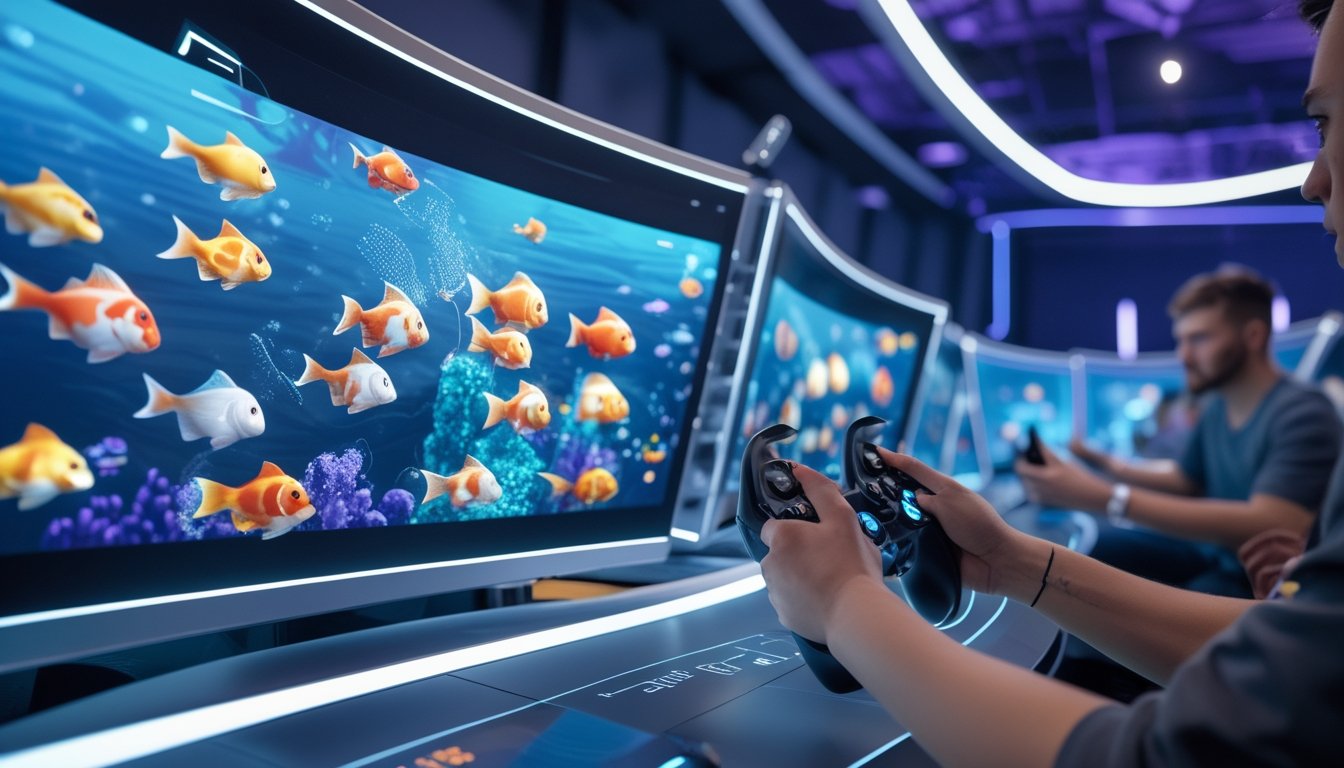 Beberapa orang sedang bermain game tembak ikan multiplayer dengan layar warna-warni di ruangan gaming modern.