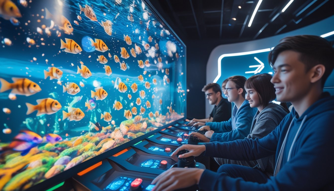 Beberapa orang sedang bermain game tembak ikan multiplayer dengan latar belakang suasana bawah laut futuristik dan layar penuh ikan warna-warni.