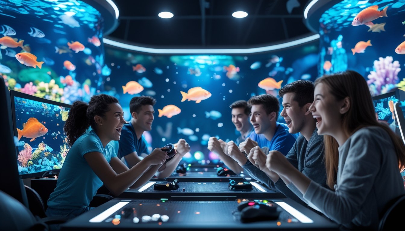 Sekelompok orang muda bermain game tembak ikan di ruang bermain modern dengan latar bawah laut berwarna-warni dan ikan-ikan yang berenang.