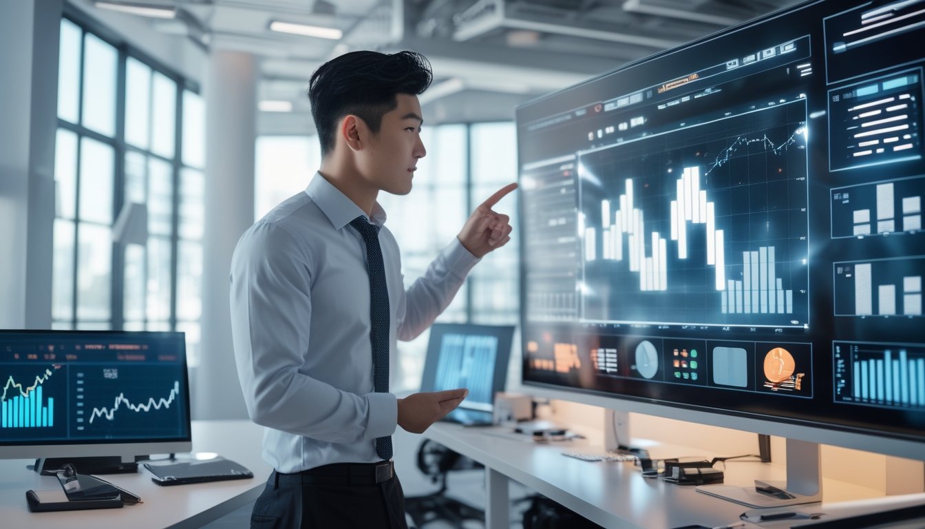 Seorang pria bisnis muda sedang menganalisis data keuangan di kantor modern dengan layar digital dan grafik pertumbuhan.