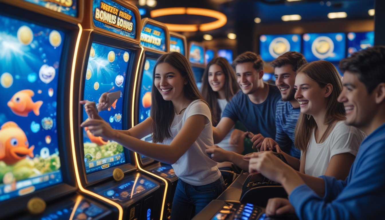 Sekelompok pemain muda sedang bermain game tembak ikan di mesin arcade berwarna-warni di ruang permainan modern.