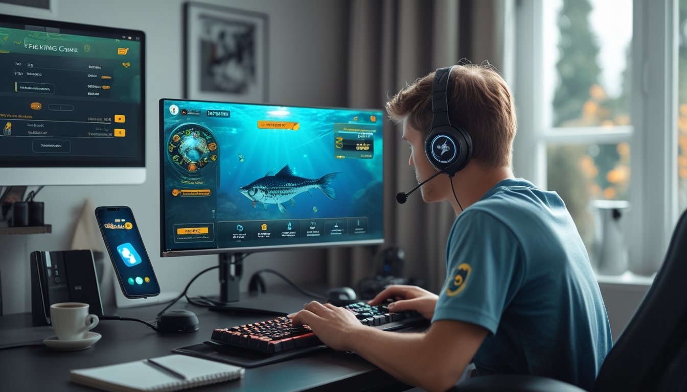 Seorang pemain muda sedang fokus bermain game tembak ikan di komputer dengan perangkat gaming di meja dan smartphone yang menampilkan aplikasi pembayaran.