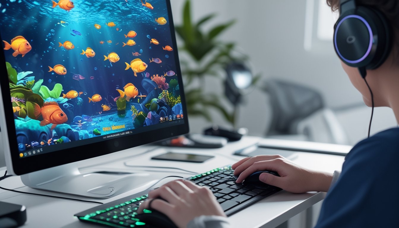 Seseorang sedang bermain game tembak ikan di komputer dengan layar menampilkan ikan-ikan berwarna-warni di bawah laut.