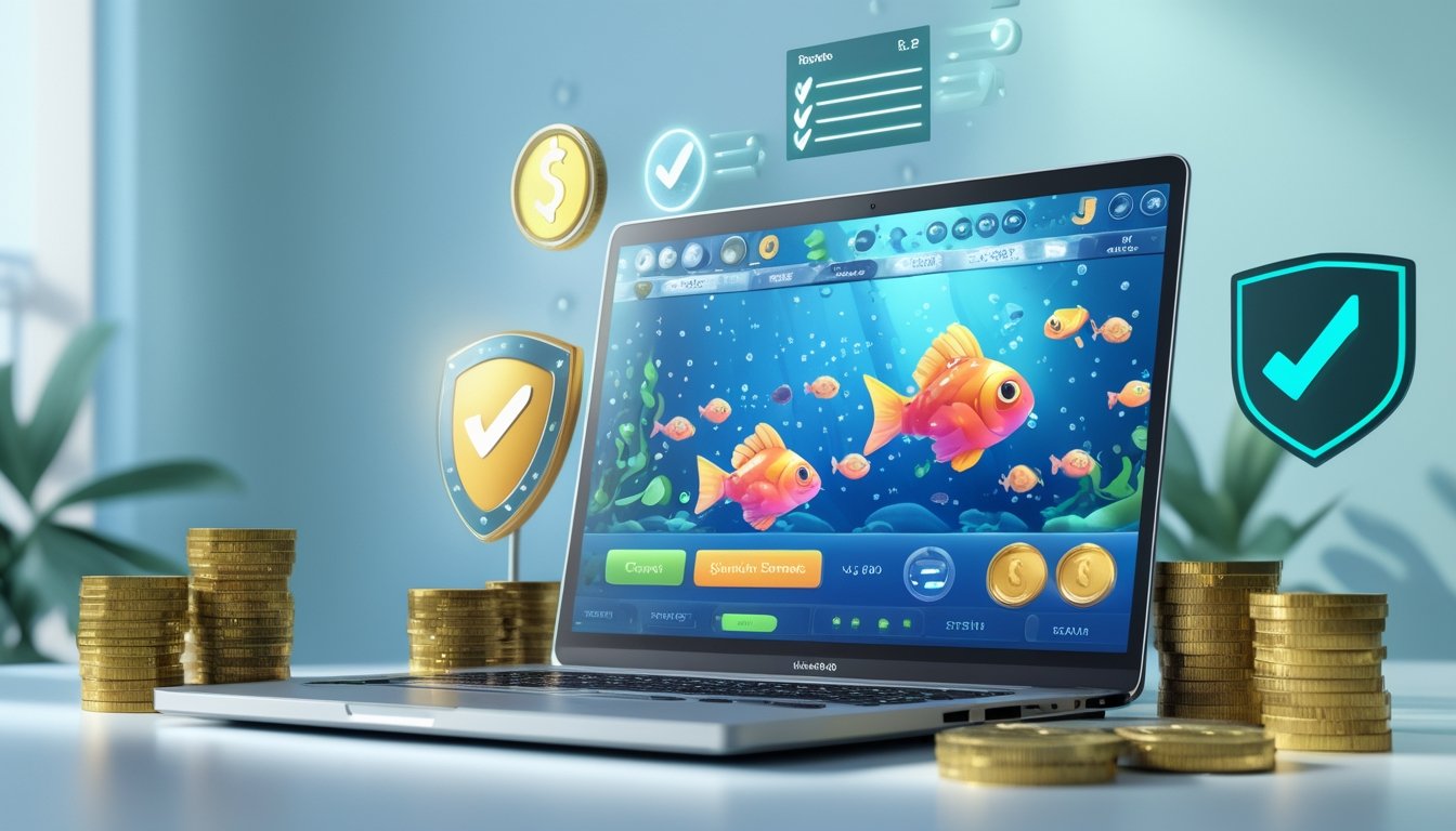 Seorang pengguna sedang bermain game tembak ikan di laptop dengan latar belakang bertema bawah laut dan simbol bonus serta keamanan di sekitar perangkat.