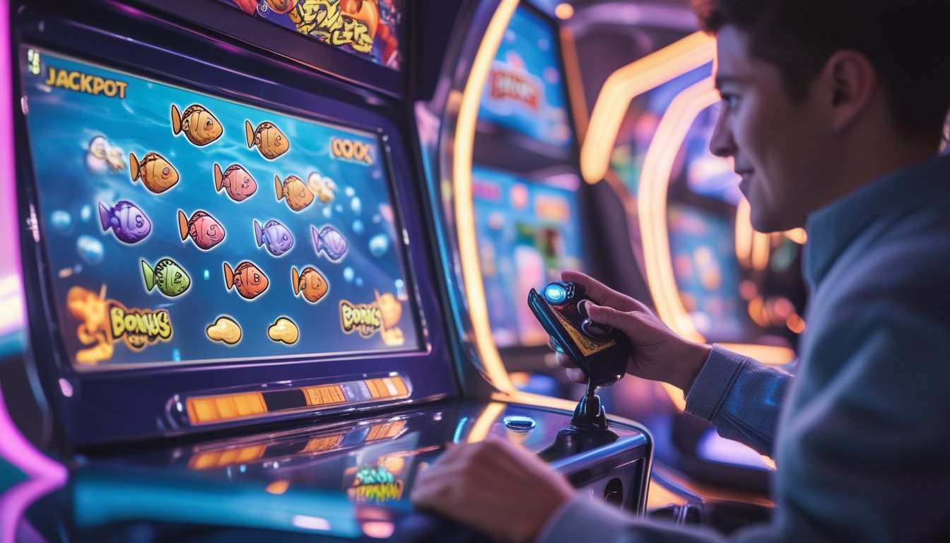 Seseorang sedang bermain permainan tembak ikan di arcade dengan layar penuh warna dan suasana yang semangat.