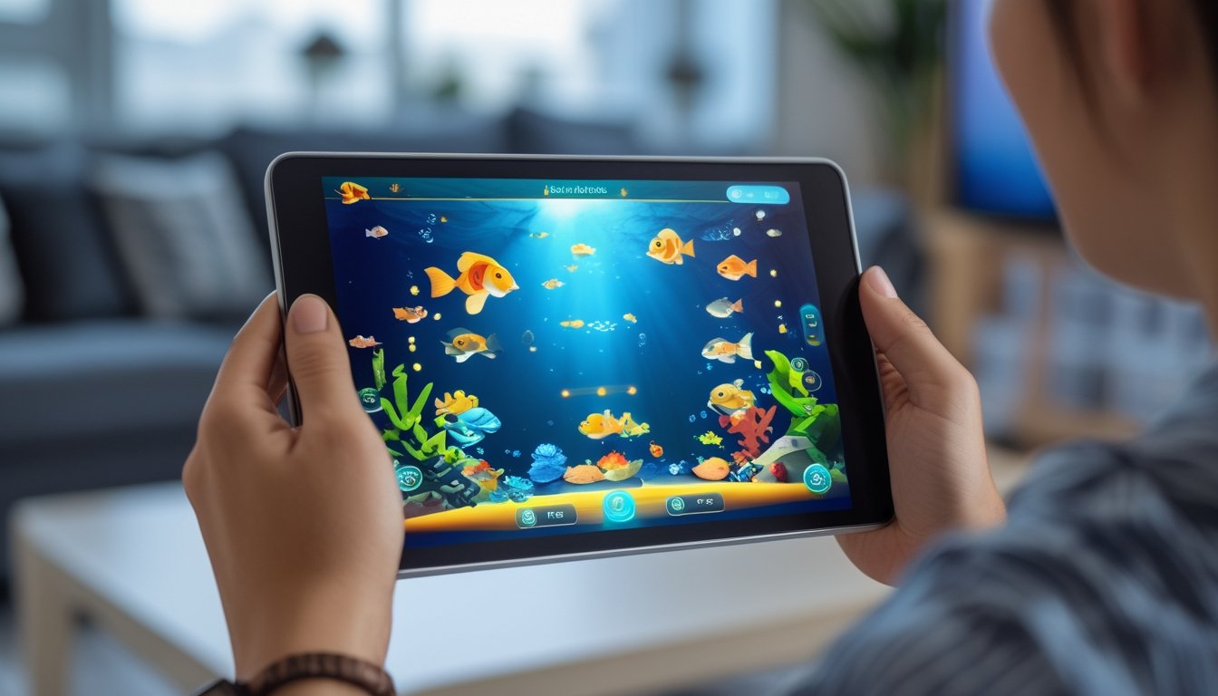 Seseorang sedang bermain permainan tembak ikan di tablet dengan gambar ikan berwarna-warni di layar.