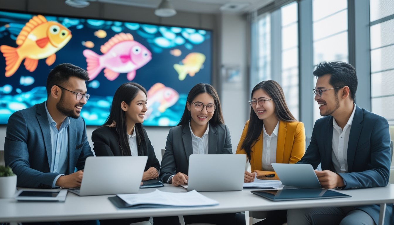 Sekelompok profesional muda sedang berdiskusi di meja kantor dengan layar digital menampilkan grafik bertema ikan di latar belakang.