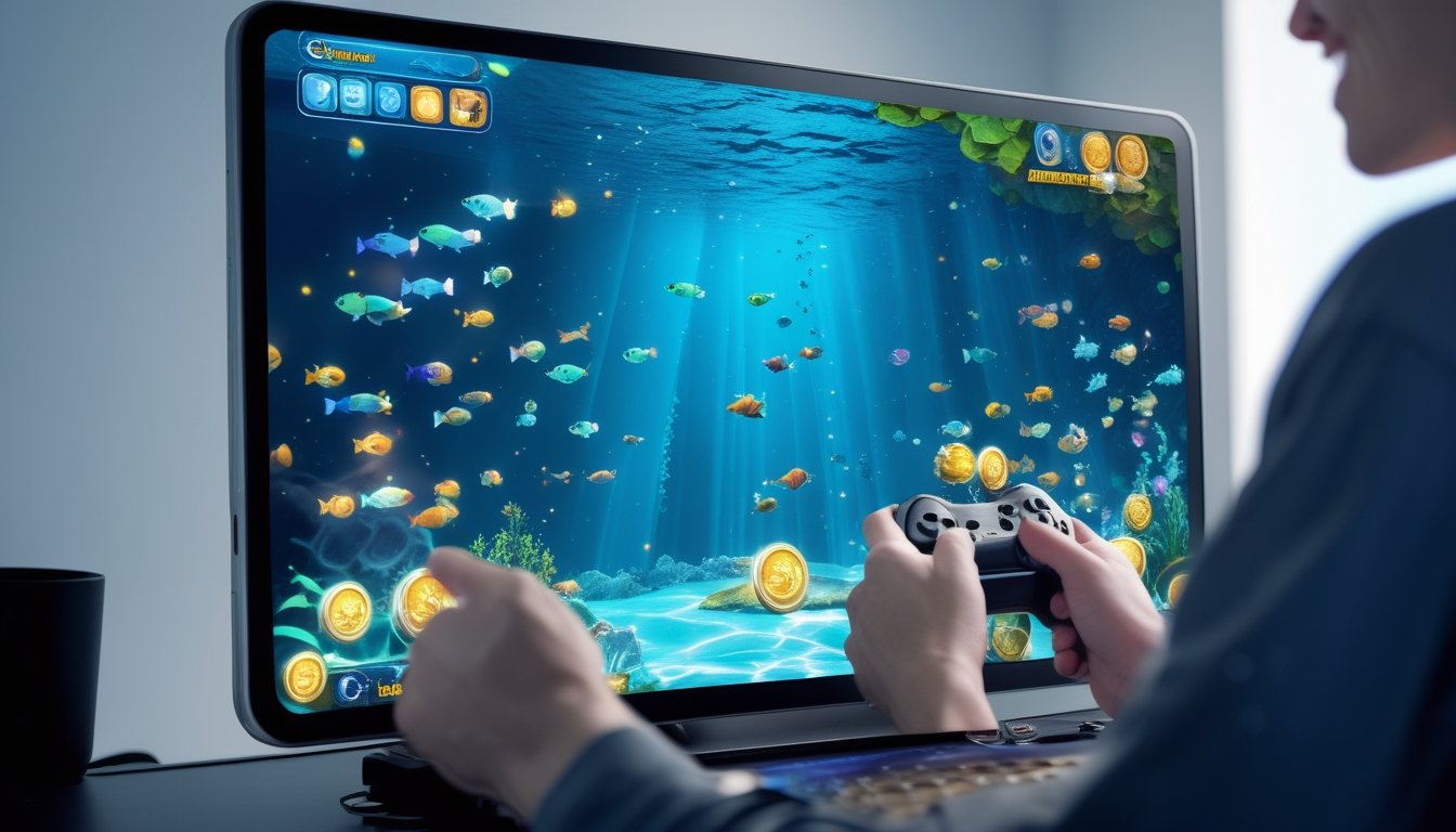 Seseorang bermain game tembak ikan di layar komputer dengan latar bawah laut berwarna-warni dan efek koin bonus.