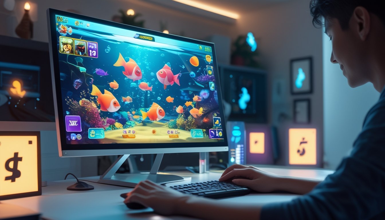 Seseorang bermain permainan tembak ikan online di komputer dengan layar menampilkan ikan berwarna-warni dan simbol bonus di sekitar.