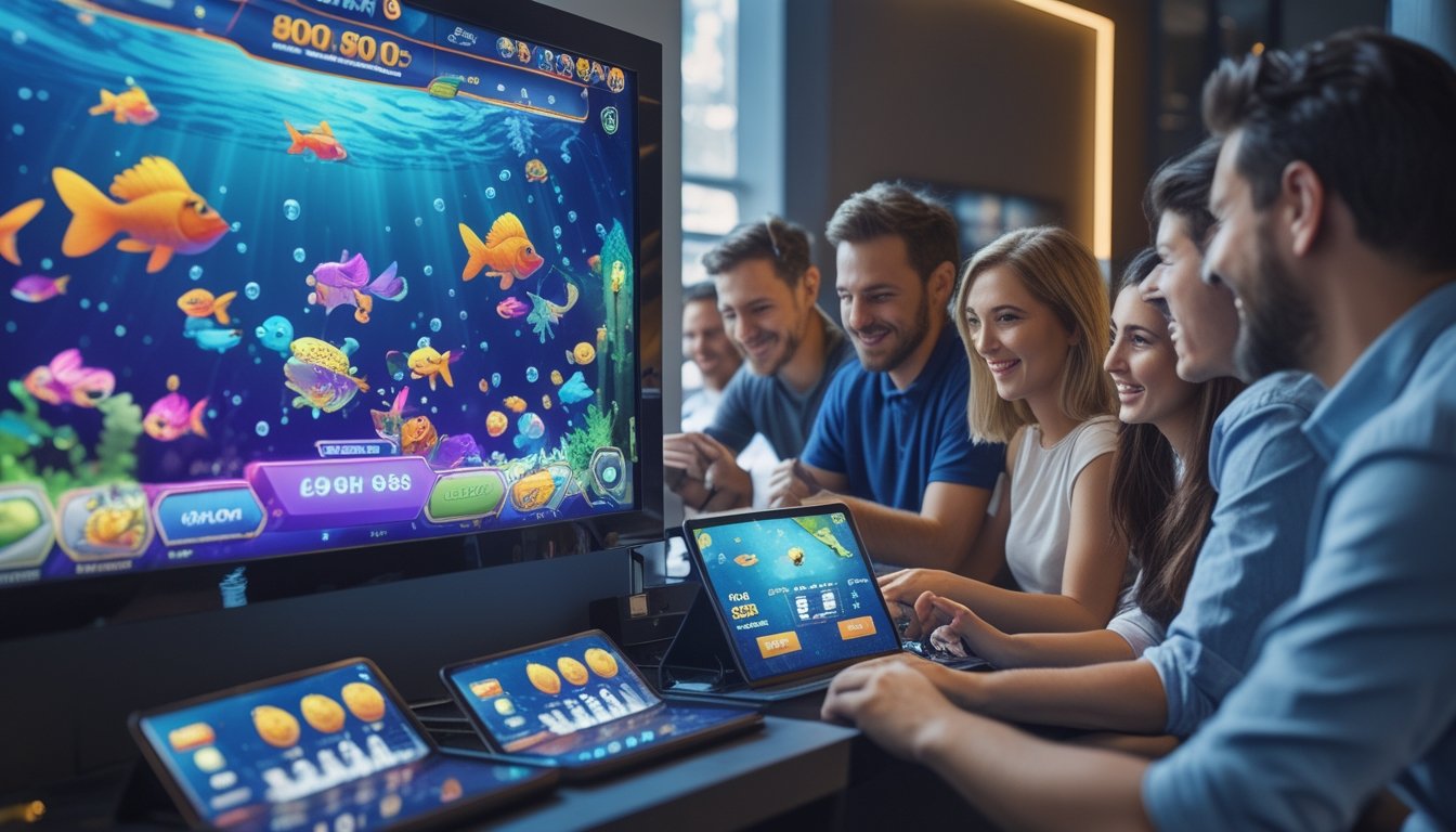 Sekelompok orang bermain game tembak ikan di depan layar digital dengan grafik bawah laut yang berwarna-warni, menunjukkan suasana seru dan fokus.