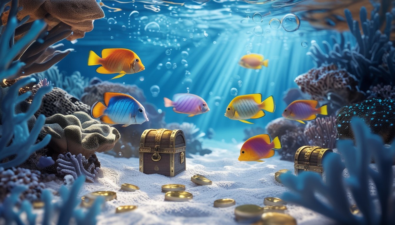 Pemandangan bawah laut dengan ikan tropis berwarna-warni berenang di sekitar terumbu karang dan harta karun tersebar di dasar laut.