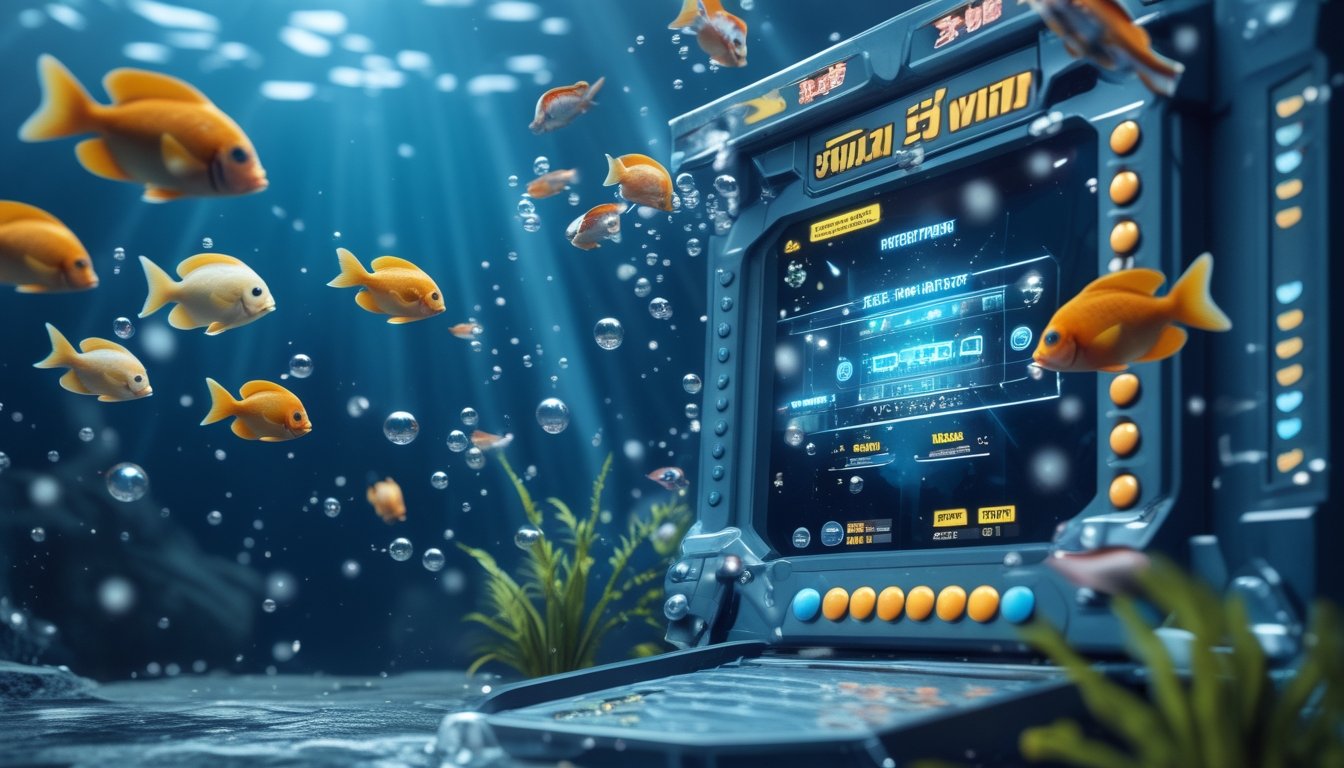 Adegan bawah laut dengan ikan tropis berwarna-warni berenang di sekitar antarmuka permainan menembak ikan digital.