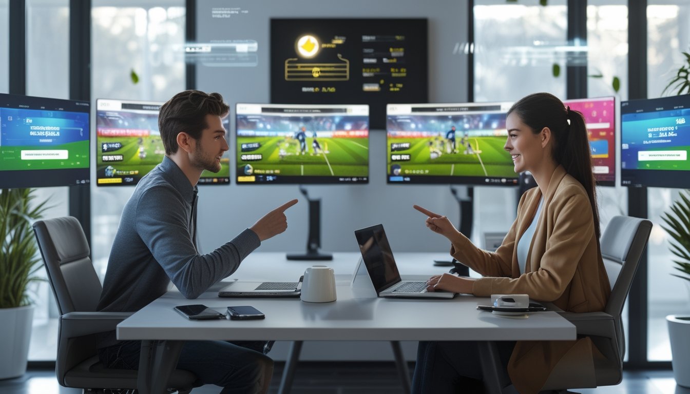 Dua orang muda sedang menggunakan komputer di ruang kerja modern dengan layar menampilkan pertandingan sepak bola dan data taruhan.