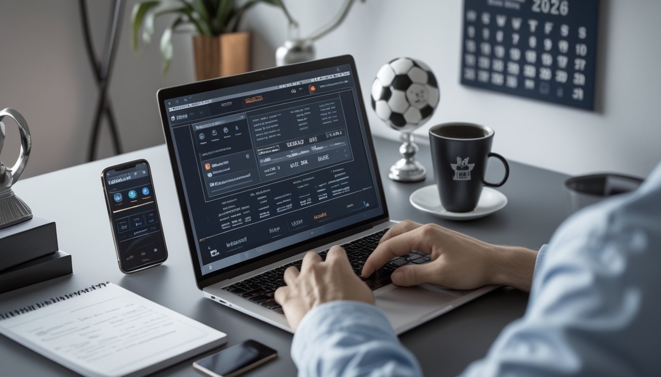 Seseorang menggunakan laptop dengan tampilan data taruhan sepak bola online di meja kerja yang rapi, dengan ponsel dan catatan di sekitar, serta dekorasi bertema sepak bola di latar belakang.