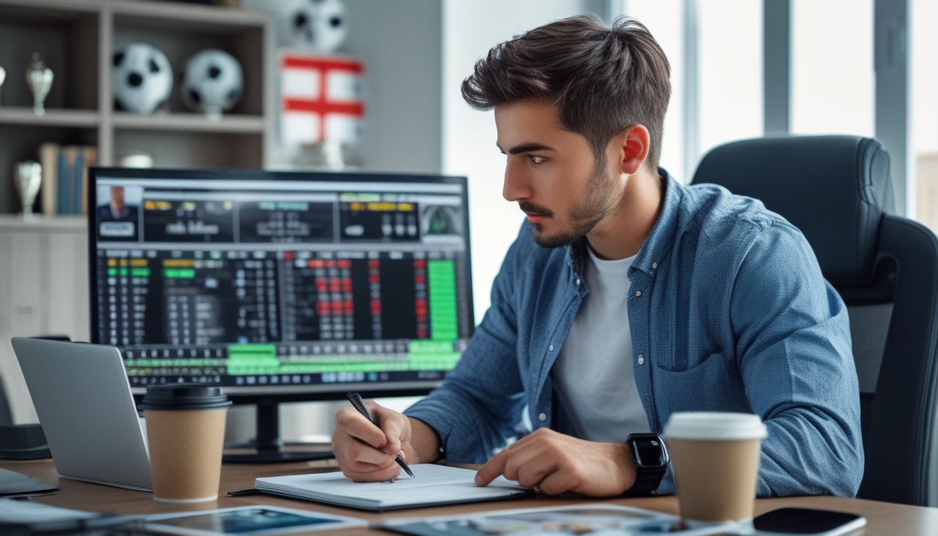 Seorang pria muda duduk di meja dengan laptop dan beberapa layar yang menampilkan statistik dan peluang pertandingan sepak bola, sambil mencatat strategi taruhan bola.