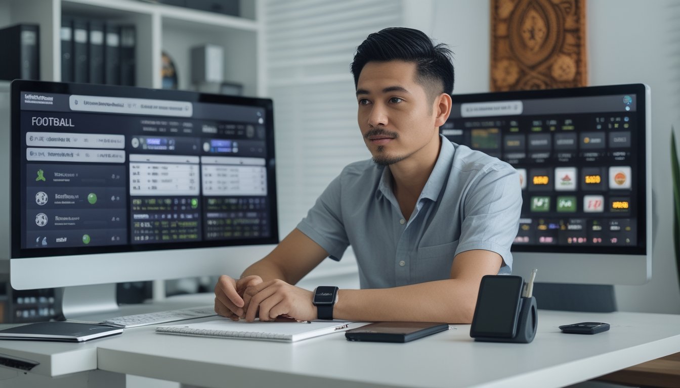 Seorang pria Indonesia duduk di meja dengan beberapa layar komputer yang menampilkan pertandingan sepak bola dan data taruhan, di sebuah ruang kerja modern yang rapi.