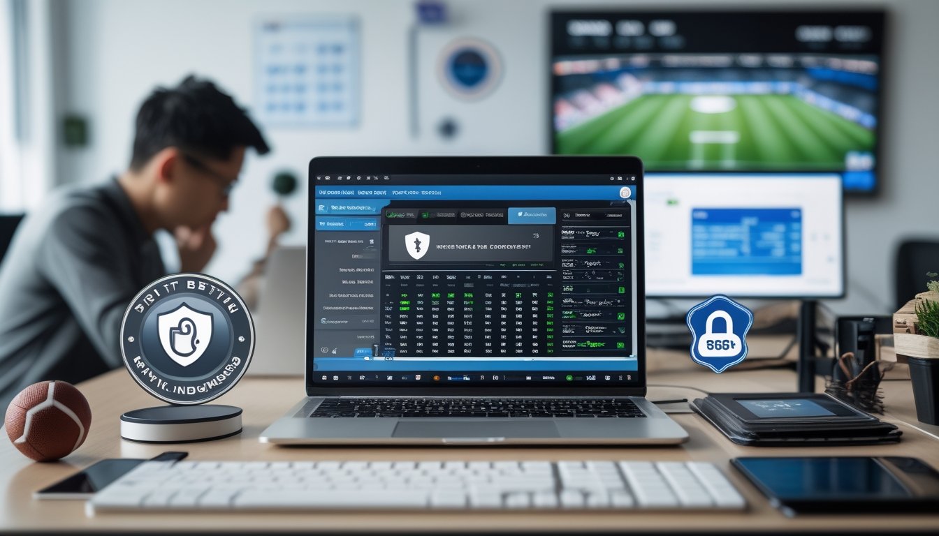 Seorang pria di meja kerja dengan laptop yang menampilkan situs taruhan bola online, dikelilingi simbol keamanan dan elemen terkait sepak bola.
