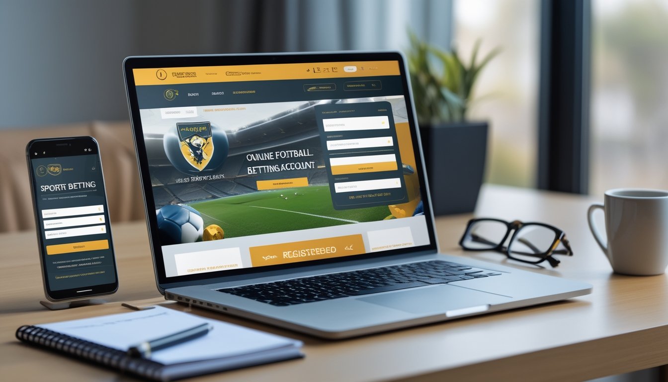 Seseorang menggunakan laptop dan smartphone di meja kerja untuk mendaftar akun judi bola online dengan cepat dan mudah.