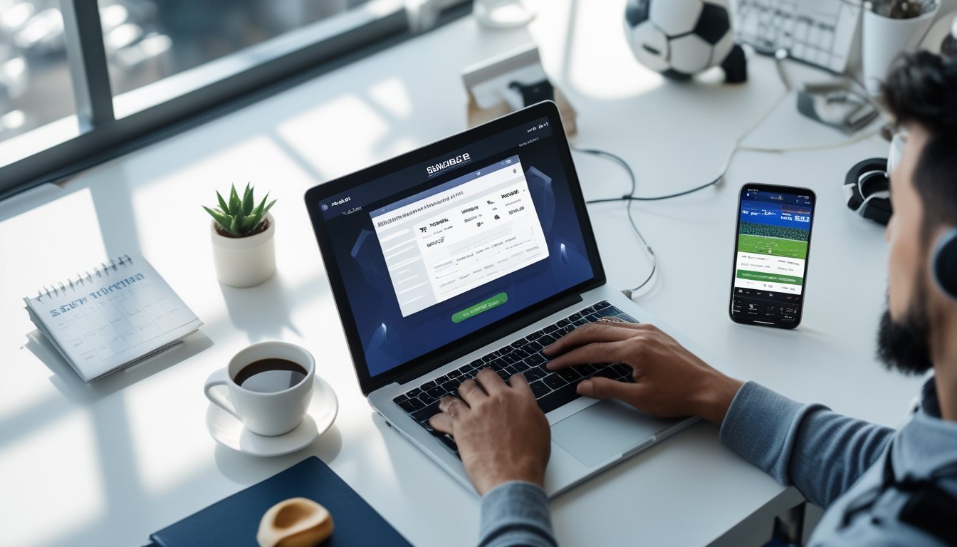 Seseorang menggunakan laptop dan smartphone di meja kerja dengan bola sepak di latar belakang.