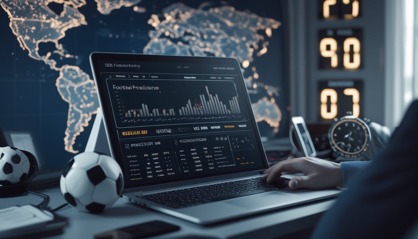 Seorang profesional bekerja dengan laptop yang menampilkan statistik dan prediksi pertandingan sepak bola Piala Dunia 2026, dengan bola sepak di meja dan peta dunia di latar belakang.