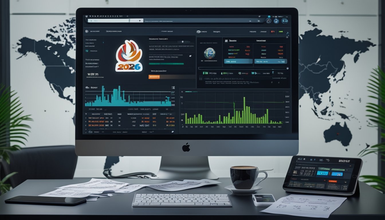 Sebuah ruang kerja modern dengan monitor menampilkan data dan statistik pertandingan sepak bola Piala Dunia 2026, dilengkapi dengan catatan, tablet, dan peta dunia di latar belakang.