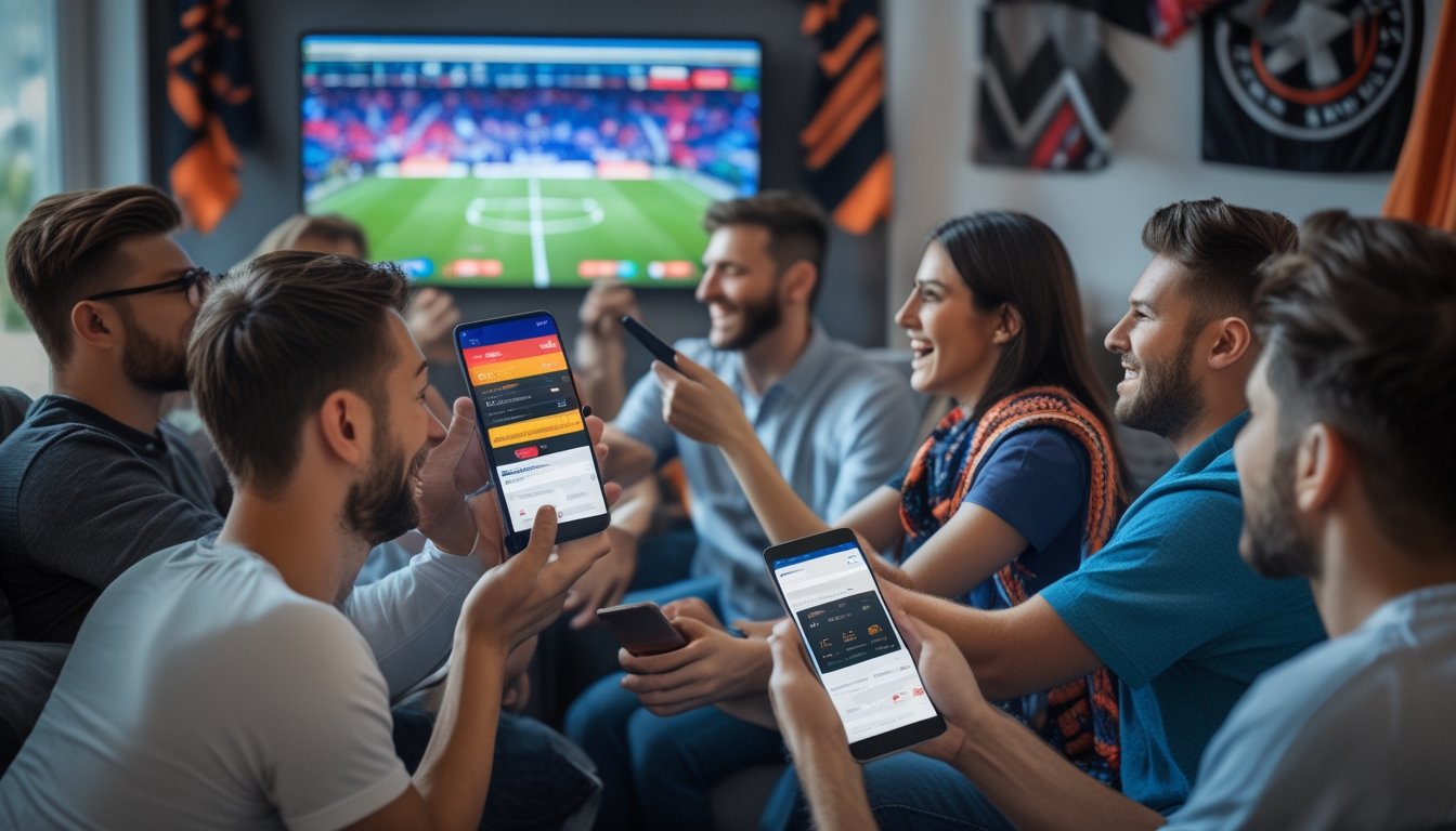 Sekelompok penggemar sepak bola yang antusias menonton pertandingan sambil menggunakan perangkat elektronik untuk taruhan online.