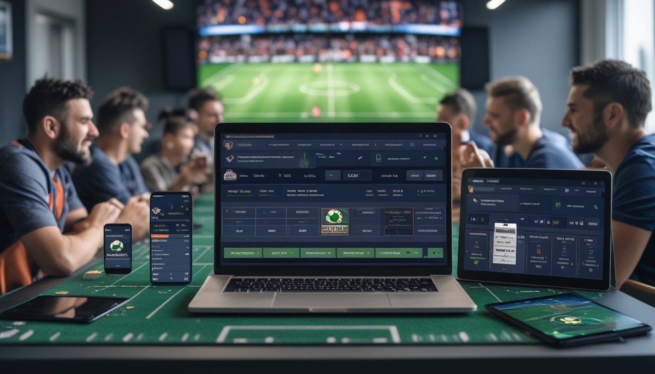 Orang-orang menonton pertandingan sepak bola dengan perangkat digital seperti laptop dan ponsel yang menampilkan aplikasi taruhan bola online.