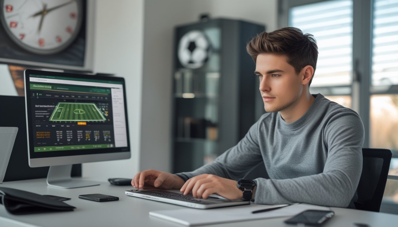Seorang pria muda duduk di meja dengan laptop yang menampilkan situs taruhan sepak bola online, sambil mencatat dan fokus mempelajari pasar handicap.