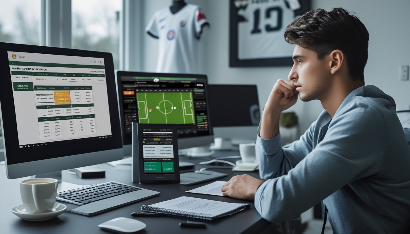 Seorang pria fokus duduk di meja dengan laptop dan ponsel yang menampilkan data taruhan bola, dikelilingi alat tulis dan memorabilia sepak bola.