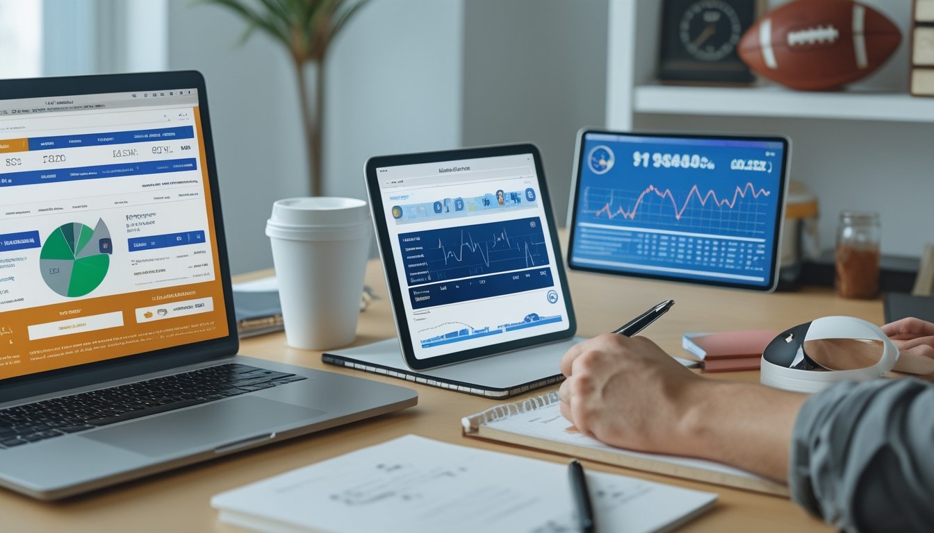Seseorang sedang menganalisis data keuangan di meja kerja dengan laptop dan tablet yang menampilkan grafik, di latar belakang terdapat bola sepak dan jam digital.