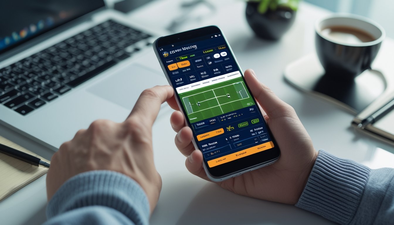 Seseorang menggunakan smartphone untuk bermain judi bola online dengan latar meja kerja yang rapi.