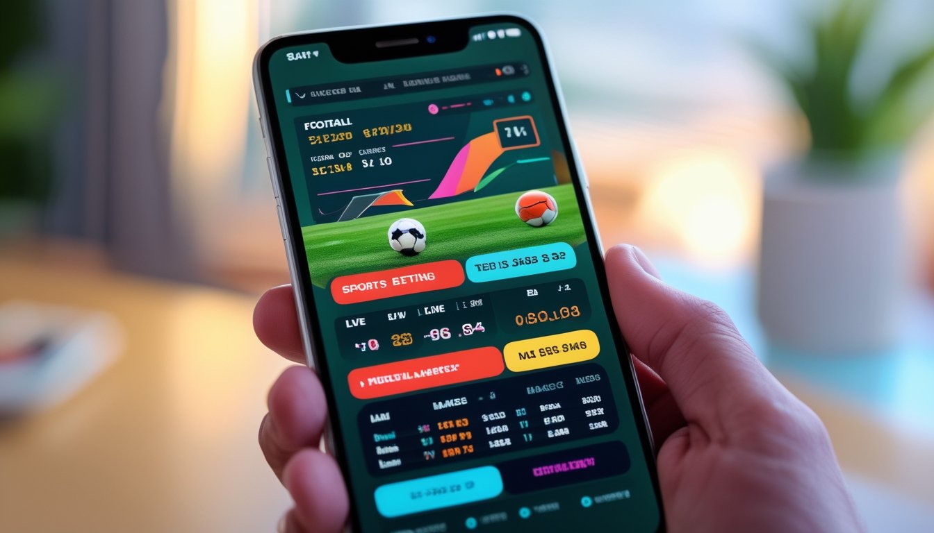 Seseorang memegang smartphone yang menampilkan aplikasi taruhan sepak bola dengan latar belakang ruangan yang nyaman.