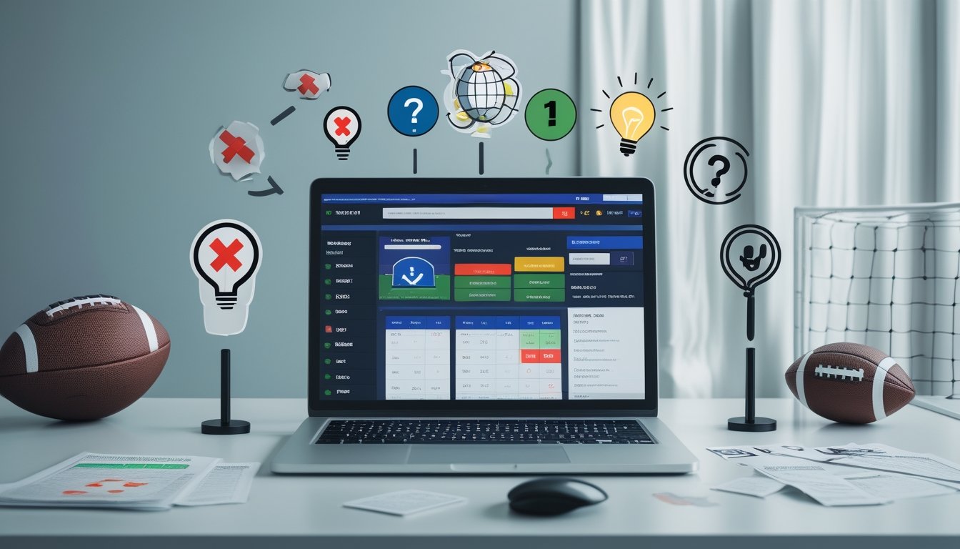 Orang-orang di ruang kerja modern yang membahas permainan judi bola online dengan simbol tanda tanya dan centang hijau di sekitar laptop.