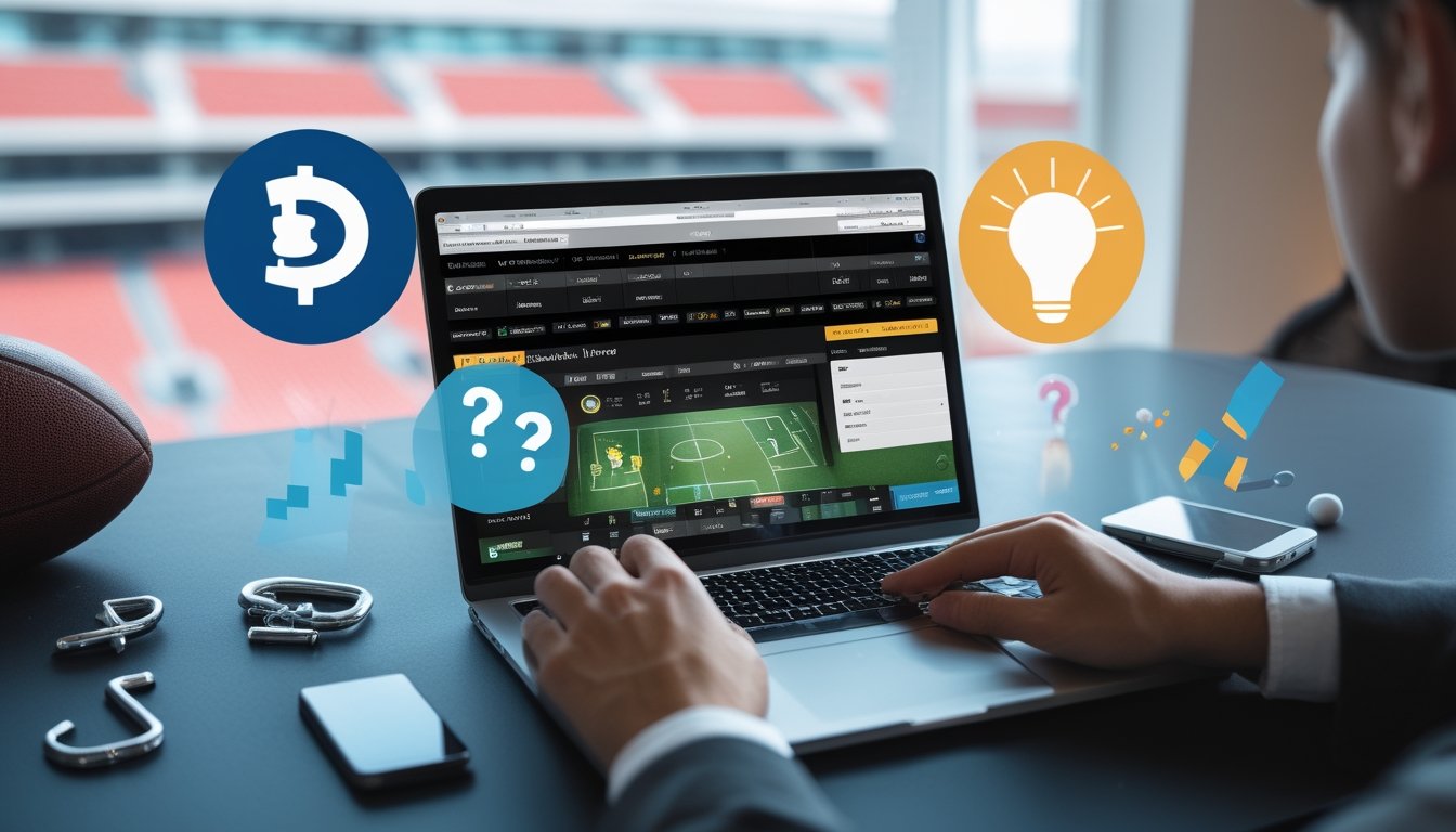 Seseorang menggunakan laptop di meja kerja dengan tampilan situs judi bola online, dikelilingi ikon tanda tanya dan centang yang melambangkan mitos dan fakta.