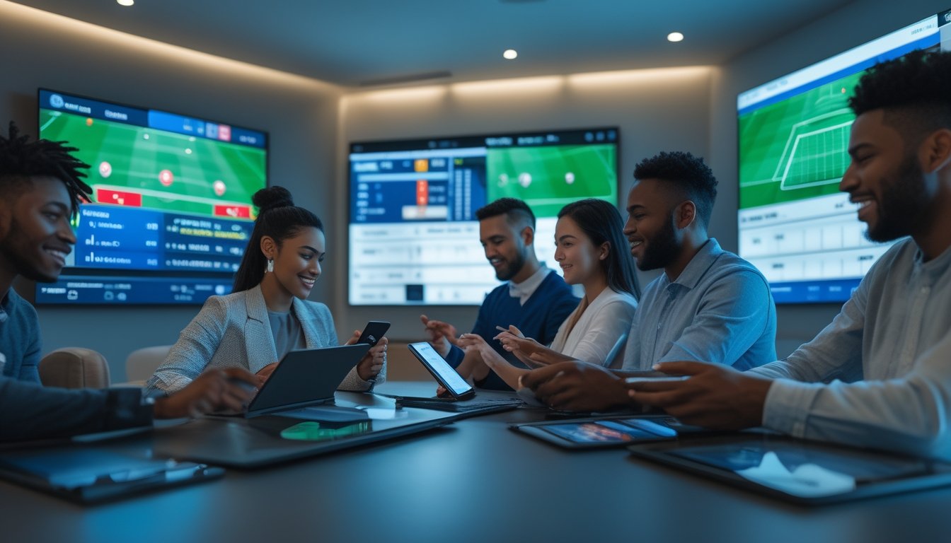 Beberapa orang muda sedang menggunakan perangkat digital untuk memasang taruhan langsung pada pertandingan sepak bola yang sedang berlangsung.