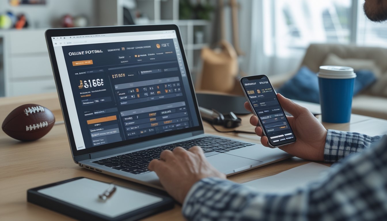 Seseorang sedang menggunakan laptop dan ponsel untuk memasang taruhan langsung pada pertandingan sepak bola secara online di ruang kerja yang rapi.