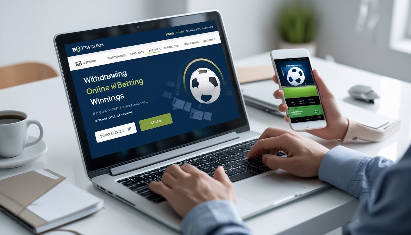 Tangan seseorang menggunakan laptop dengan aplikasi perbankan digital terbuka, di meja terdapat smartphone yang menampilkan aplikasi taruhan bola, kopi, dan buku catatan.
