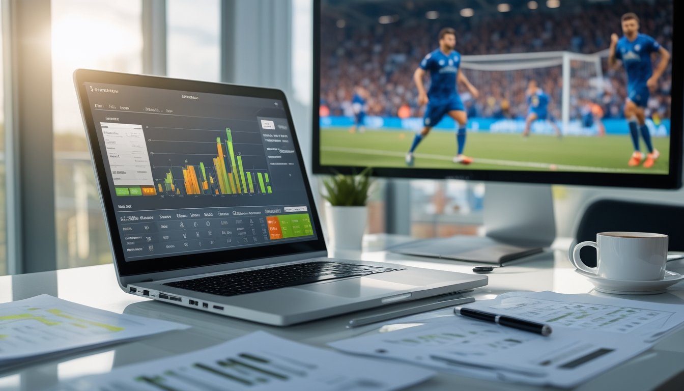 Meja kerja dengan laptop yang menampilkan statistik tim sepak bola, kertas data, pena, dan kopi, serta monitor yang menayangkan pertandingan sepak bola.